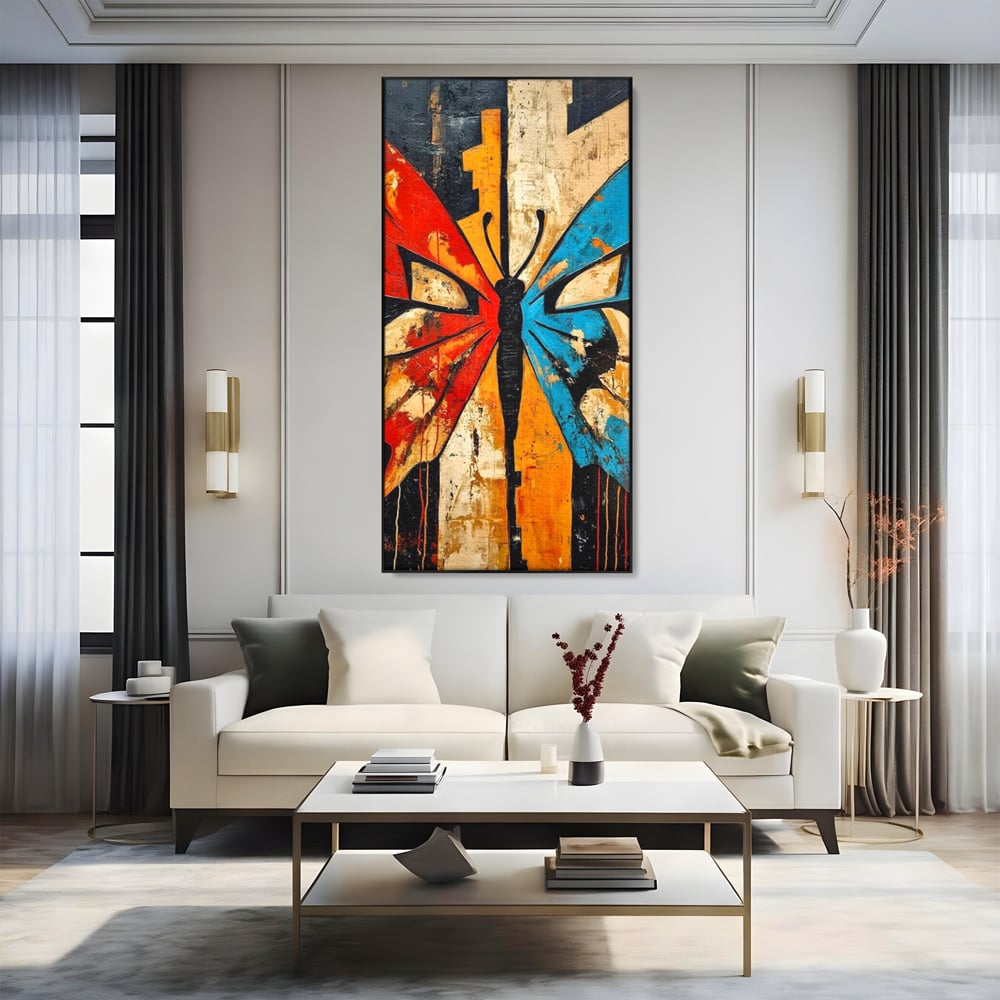 Tablou canvas cu tablou canvas cu fluture stilizat in culori vii, in rama de aluminiu negru, pe perete intr-un living